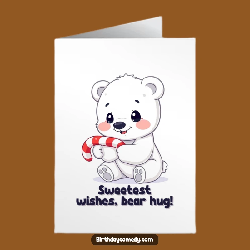 Free Printable Polar Bear Birthday Card: Funny Cub with Candy Cane Download