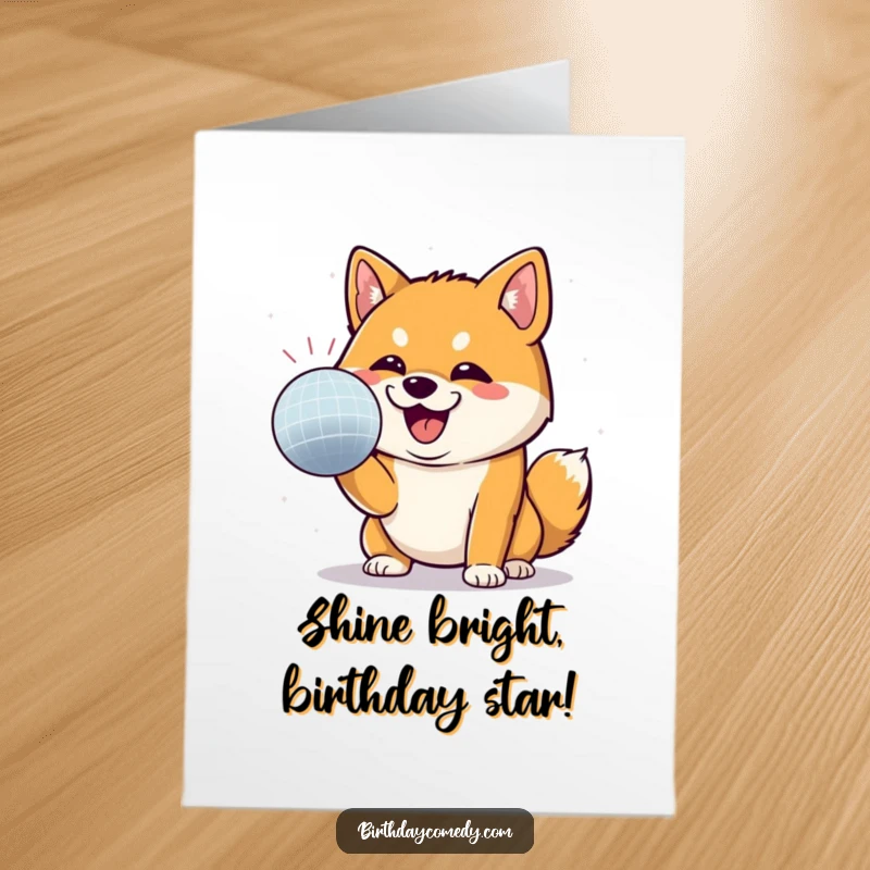 Funny Free Printable Birthday Card: A playful Shiba Inu with a determined grin energetically batting at a sparkling disco ball.