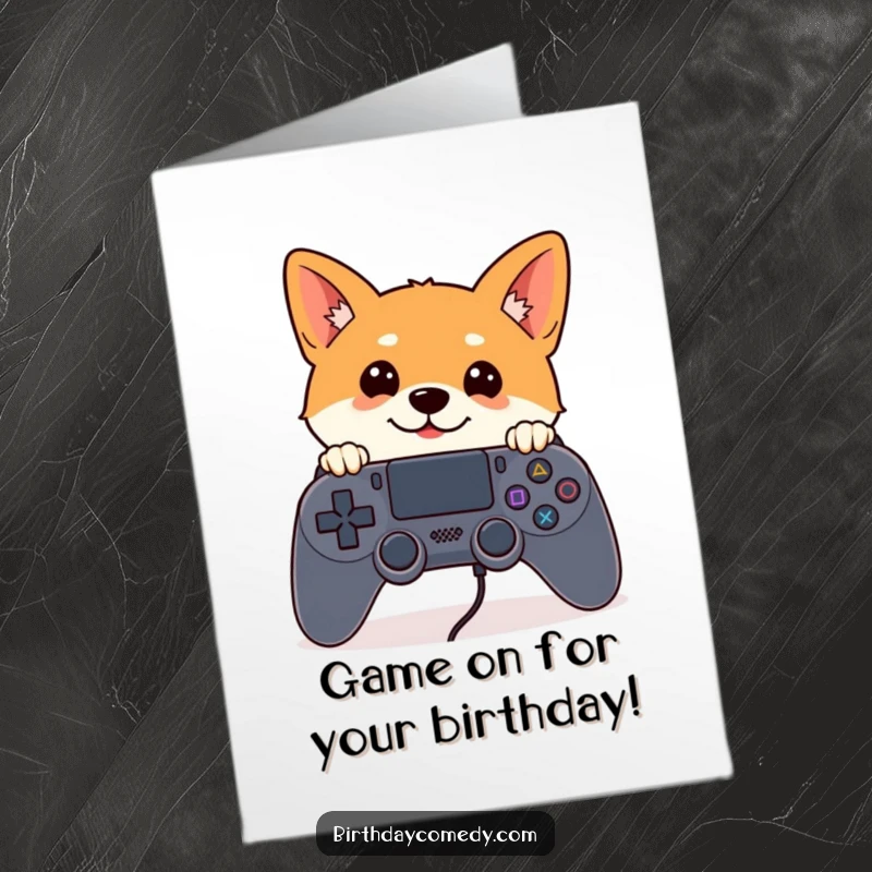 Funny Free Printable Birthday Card: A curious Shiba Inu with alert ears peeking from behind a massive video game controller.