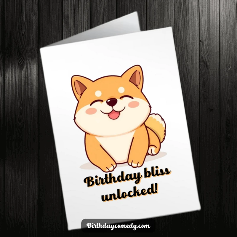 Funny Free Printable Birthday Card: A content Shiba Inu with eyes closed blissfully enjoying a virtual belly rub.