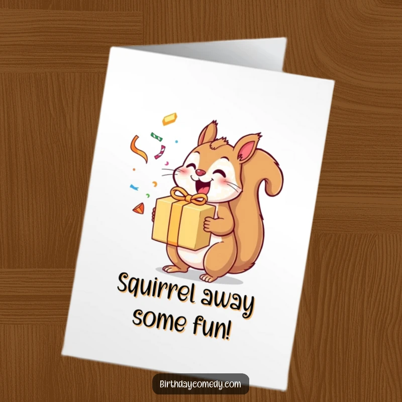 Funny Free Printable Birthday Card: Excited squirrel holding gift box, streamers flying, ready for party fun.