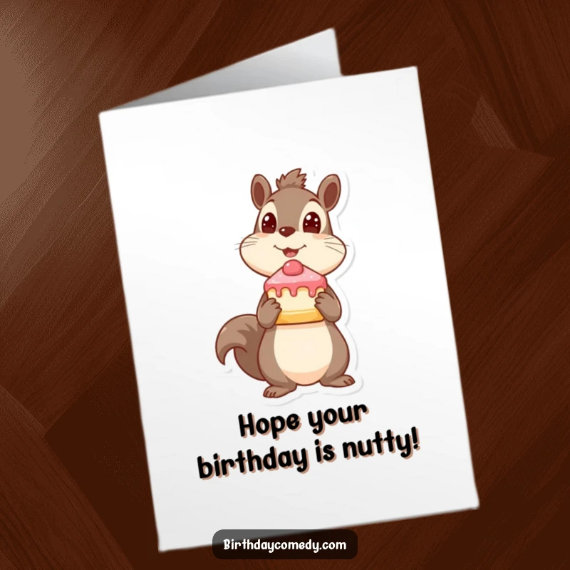 Funny Free Printable Birthday Card: Playful squirrel with cake slice looks up, a cute and humorous downloadable wish.
