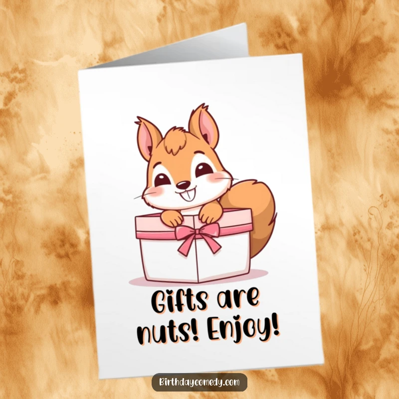 Funny free printable birthday card showing a curious squirrel peeking out of a gift box with a wide, mischievous grin, ready for fun.