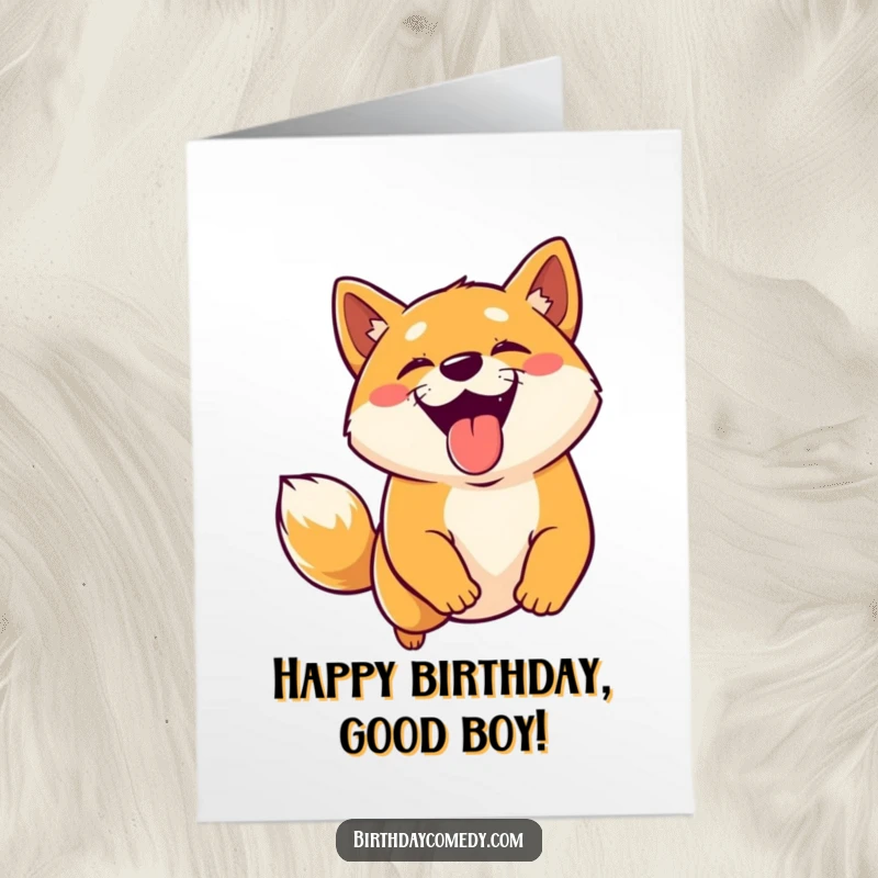 Funny Free Printable Birthday Card: A joyful Shiba Inu with its tongue out, leaping high for a virtual treat.
