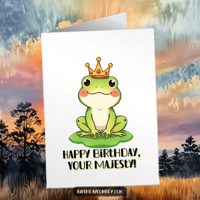 Funny Free Printable Birthday Card: A happy frog wears a tiny crown and balances a lily pad hat.