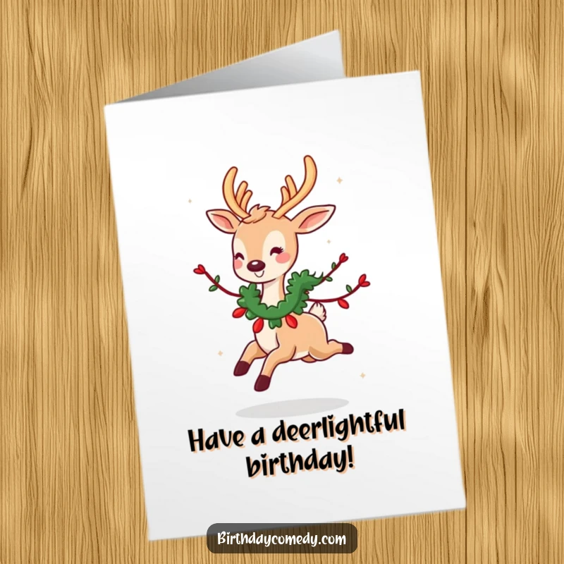 Funny Free Printable Birthday Card: A cute deer in a festive garland skips with delight, a charming DIY gift.