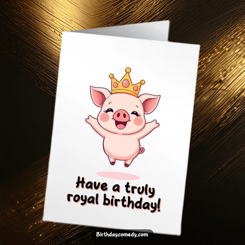 Funny Free Printable Birthday Card: A happy piglet wearing a sparkly crown, jumping joyfully mid-air to celebrate a special birthday.