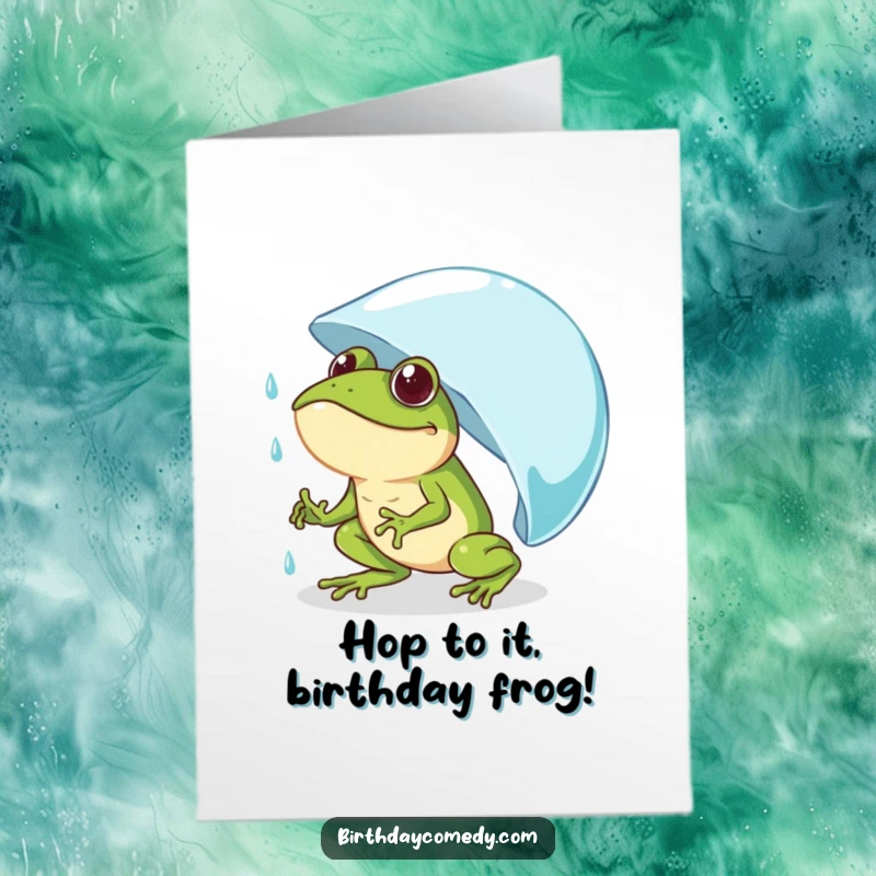 Funny Free Printable Birthday Card: Determined frog straining with all its might to push a huge raindrop up a steep hill.