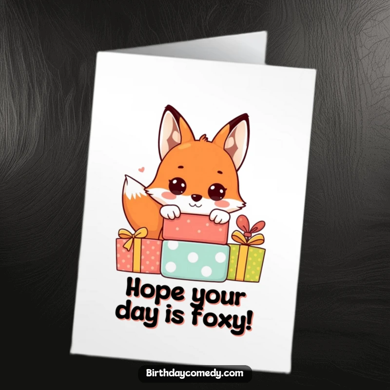 Funny Free Printable Birthday Card: Cheerful fox with big eyes peeking from presents, a delightful surprise.