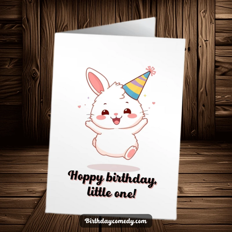 Funny free printable birthday card featuring a fluffy bunny wearing a party hat, bouncing gleefully. Utterly joyful celebration.