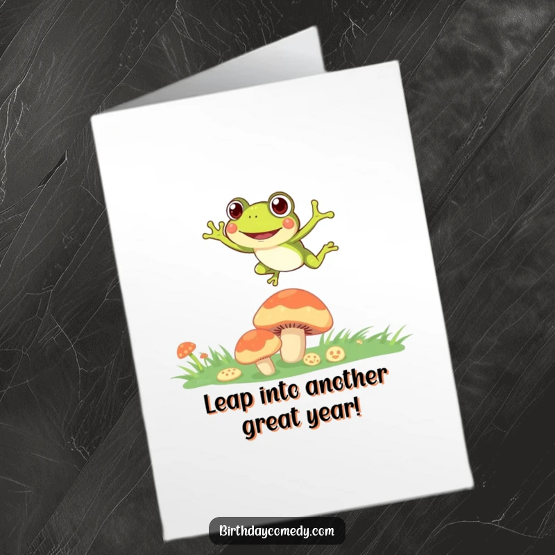 Funny Free Printable Birthday Card: Curiously eyed frog leaping joyfully between mushroom caps, celebrating big.