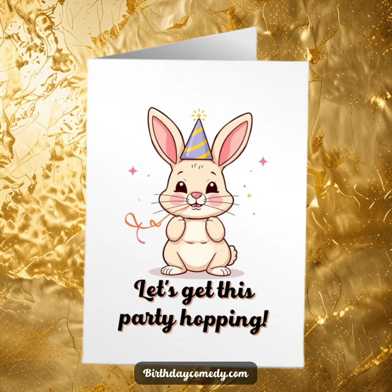 Funny Free Printable Birthday Card: A cheerful bunny in a party hat blowing a streamer with intense, determined focus for a birthday bash.