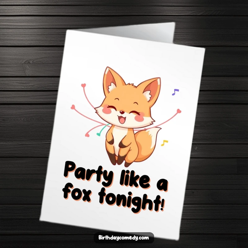 Funny Free Printable Birthday Card: A happy fox with colorful streamers artfully wrapped around its tail, caught mid-twirl.