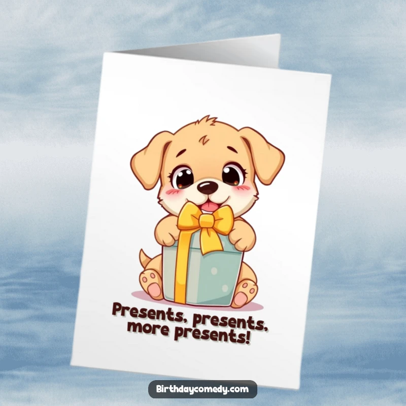 Funny free printable birthday card featuring an excited puppy with wide eyes, joyfully unwrapping a colorful gift box, perfect for a dog lover.