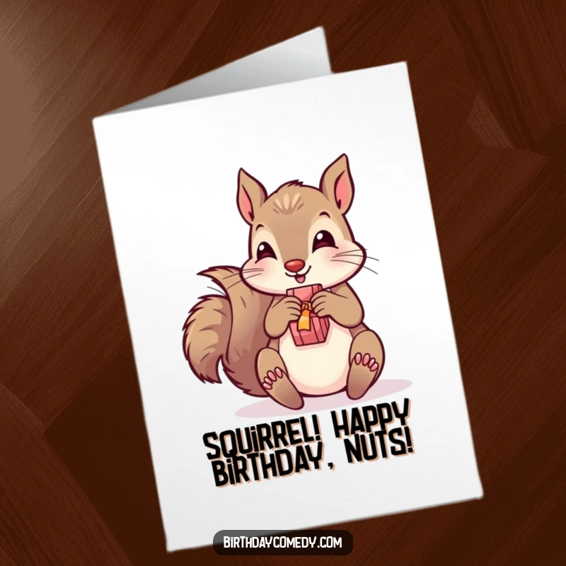 Funny free printable birthday card of a playful squirrel eagerly unwrapping a small present with delight.