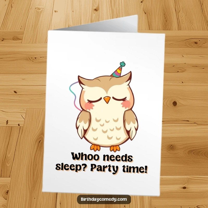 Funny free printable birthday card featuring a sleepy owl adorned with a party streamer, nodding happily, perfect for a gentle celebration.
