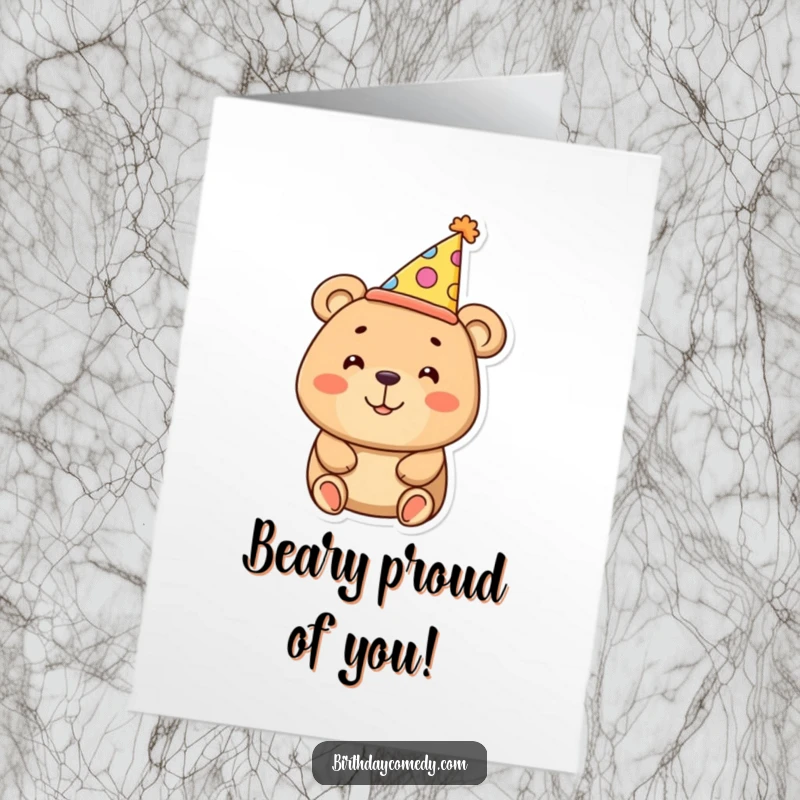 Funny Free Printable Congratulations Card: Smiling bear wearing a ridiculously oversized party hat, celebrating success.