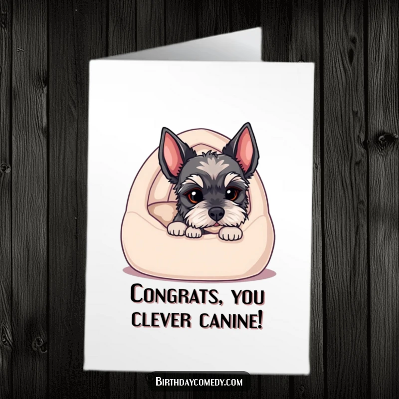 Cute Free Printable congratulations card, schnauzer puppy peeking from cozy dog bed, adorable and heartwarming, downloadable.