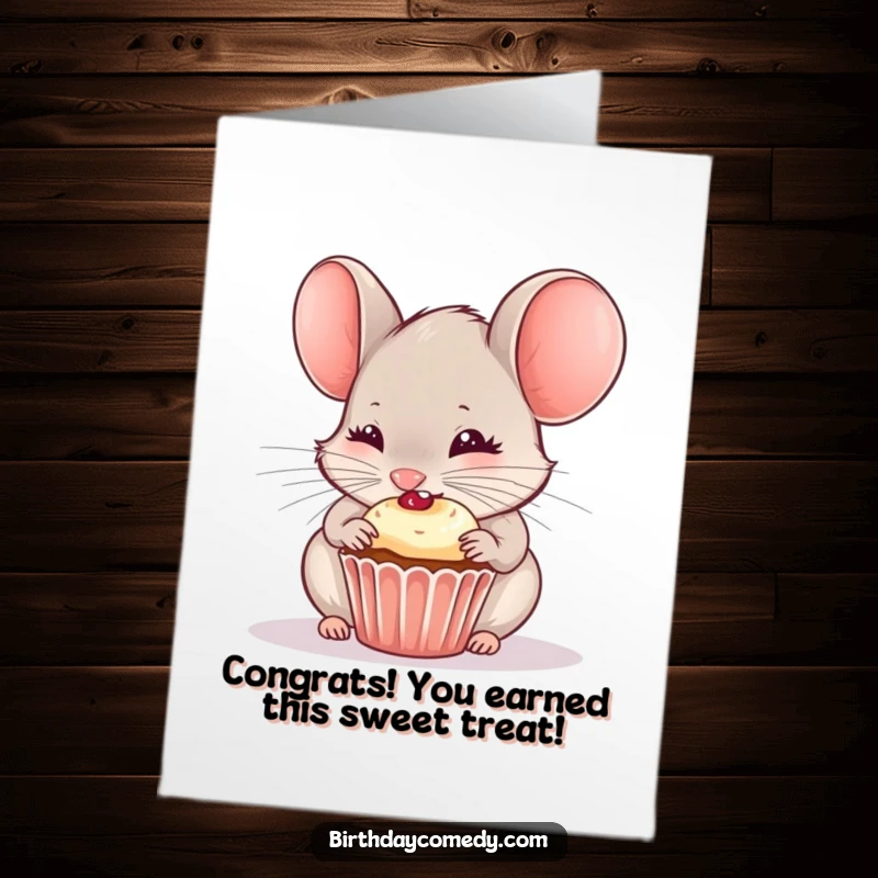 Funny Free Printable Congratulations Card: A curious little mouse joyfully devours a small cupcake, its cheeks puffed with sugary delight.