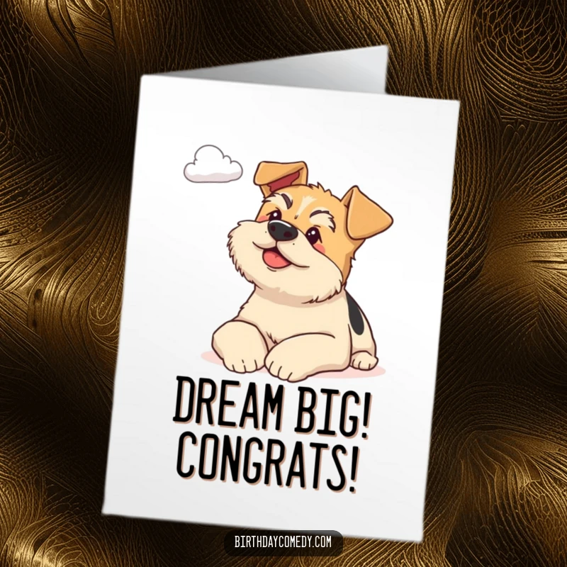 Free Printable Congratulations Card: A content terrier with head on paws, calmly observing a cloud.