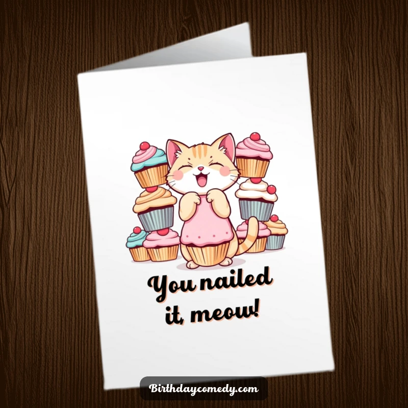 Funny Free Printable Congratulations Card: Giggling cat balances cupcakes, a hilarious downloadable way to say congrats.