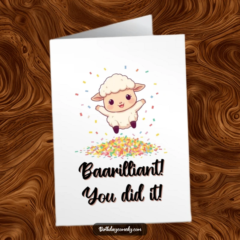 Funny Free Printable Congratulations Card: A happy, fluffy sheep leaps with exuberance over a massive pile of colorful, celebratory confetti.