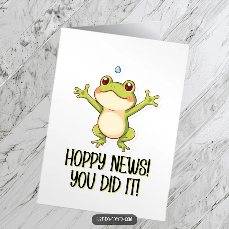 Funny Free Printable Congratulations Card: Playful frog joyfully catches a falling dewdrop, celebrating your amazing achievement.
