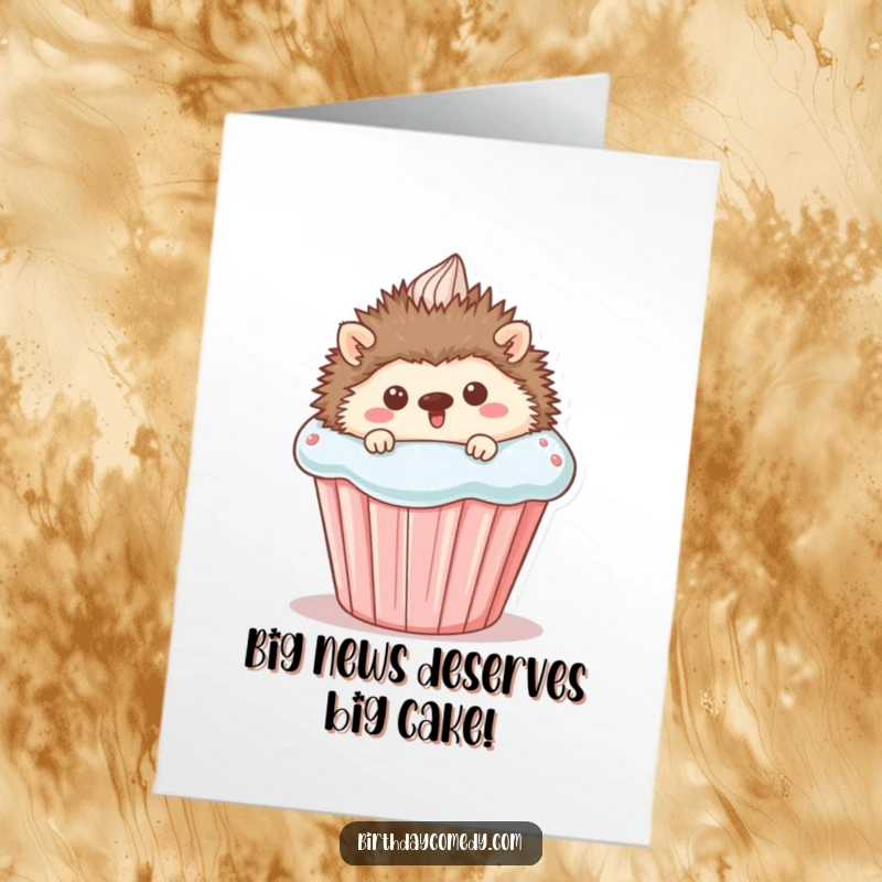 Free Printable Congratulations Card featuring a cute hedgehog emerging from behind a delightful giant cupcake, radiating happiness.
