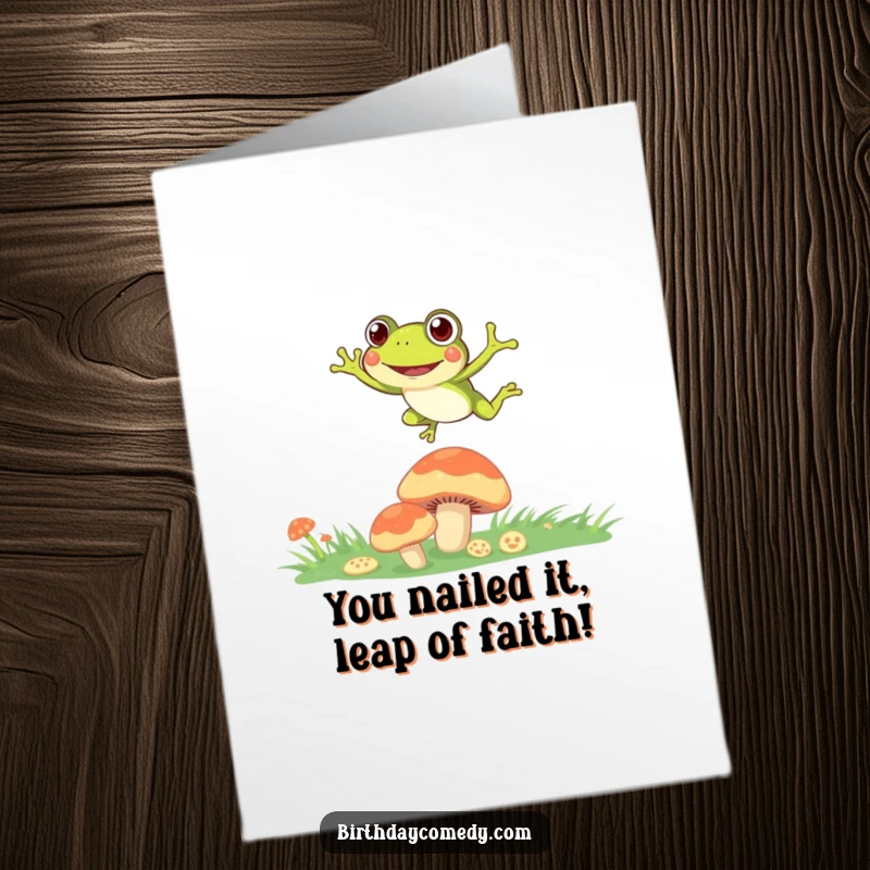 Funny Free Printable Congratulations Card: Curiously eyed frog mid-leap between mushrooms, expressing jubilant congrats.