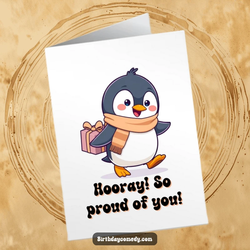 Funny free printable congratulations card featuring a happy penguin wearing a scarf, carrying a gift.