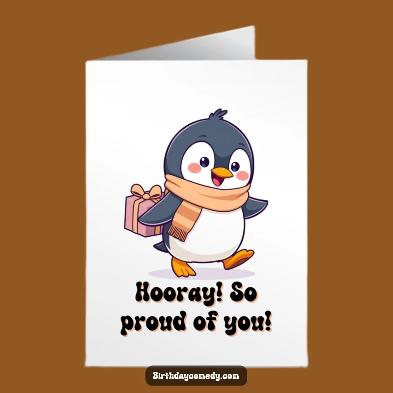 Free Printable Congrats Card: Waddling Penguin with Gift, Downloadable & Fun