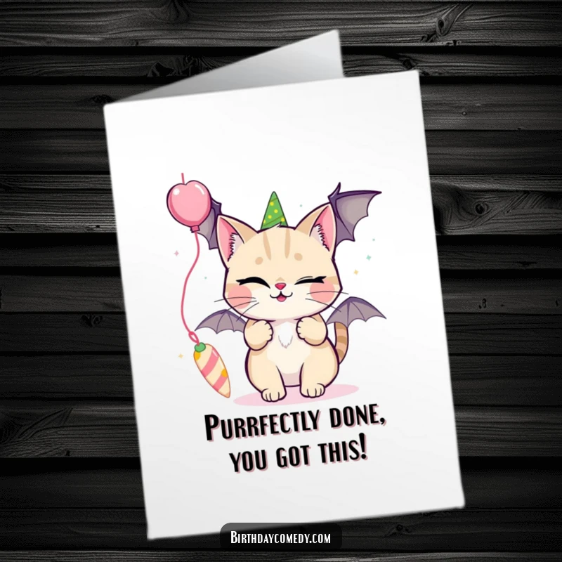 Funny Free Printable Congratulations Card: A cat with a knowing wink playfully swats at a colorful party streamer, celebrating your win.
