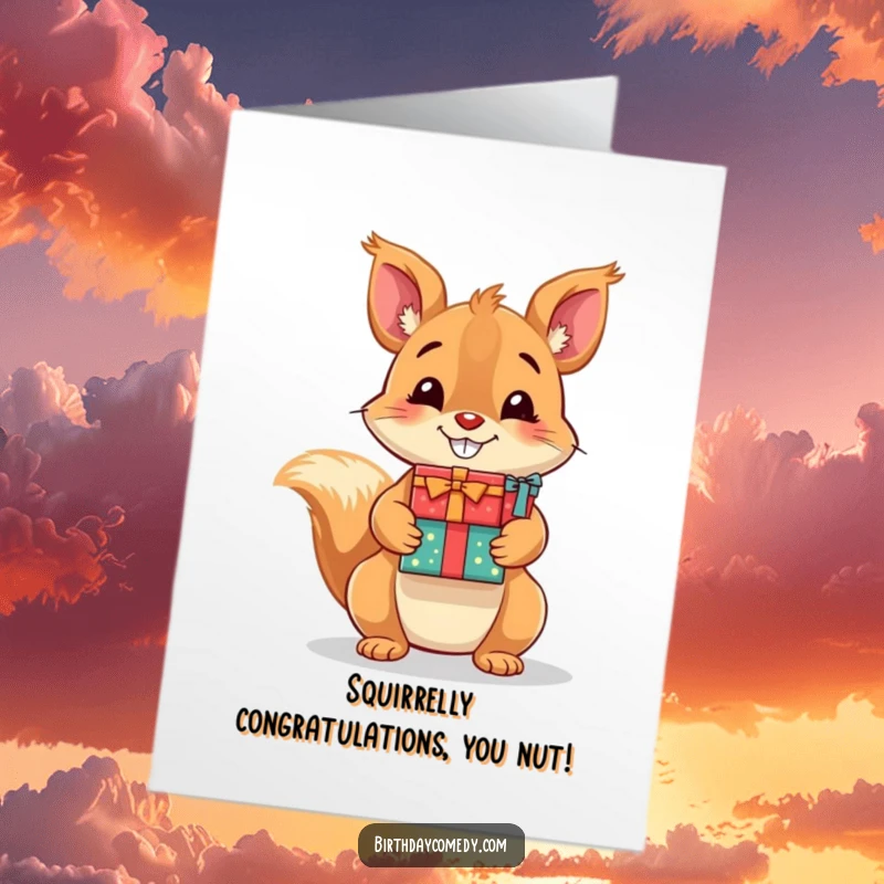 Funny Free Printable Congratulations Card: A happy squirrel with a wide grin proudly displays a large pile of gift boxes, celebrating your success.