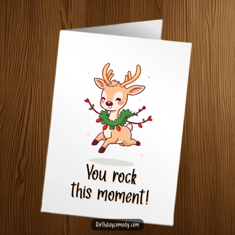 Funny Free Printable Congrats Card: A deer wearing a garland skips joyfully, celebrating achievements with a cute, humorous touch.