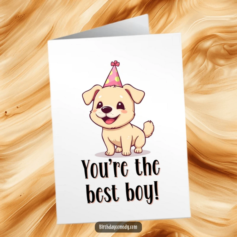 Funny Free Printable Congratulations Card: Silly dog with askew party hat wags tail, a hilarious downloadable congrats.
