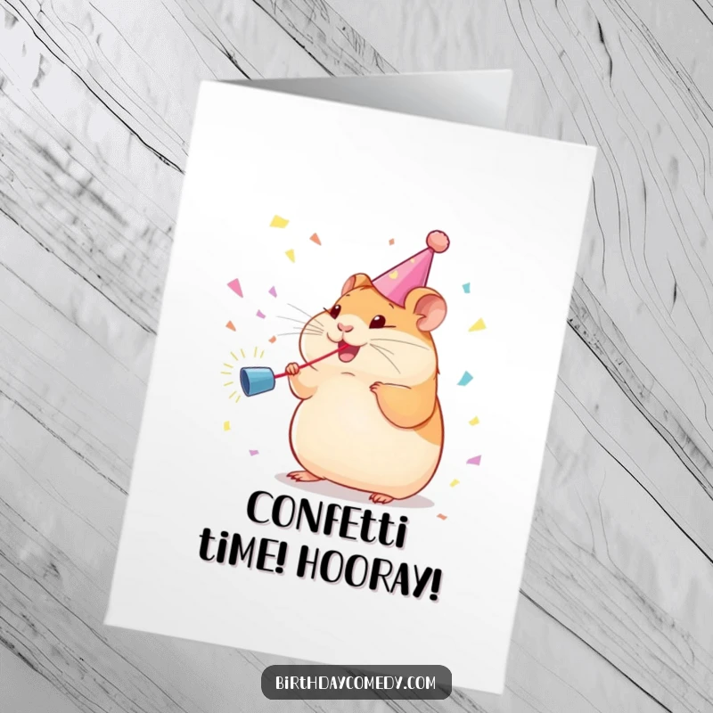 Free Printable Congratulations Card: A plump hamster sports a streamer, enthusiastically diving into a confetti cannon blast.