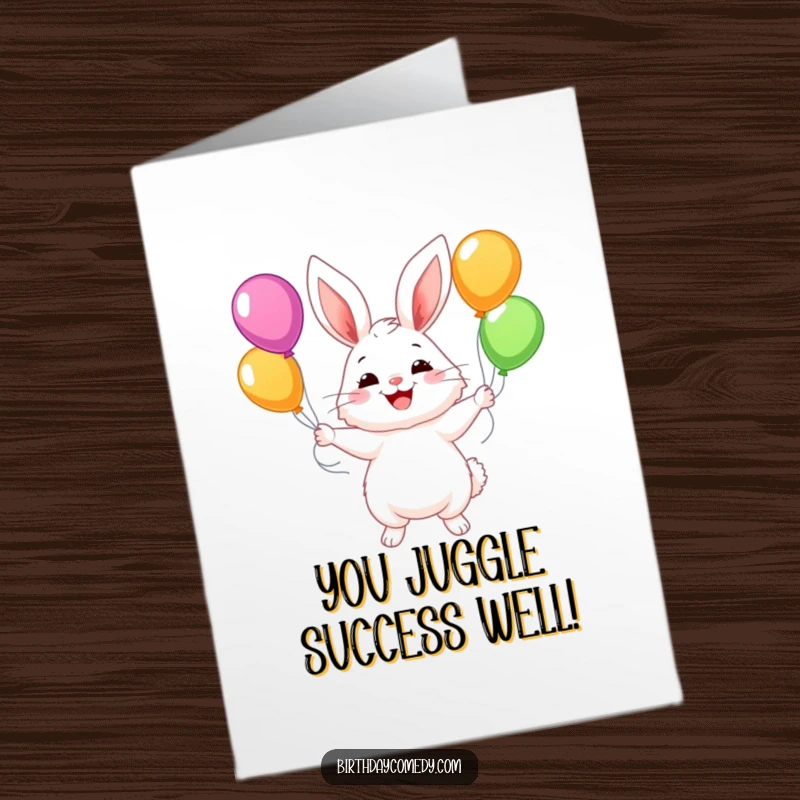 Funny Free Printable Congratulations Card: A smiling bunny effortlessly juggling a bouquet of brightly colored balloons.