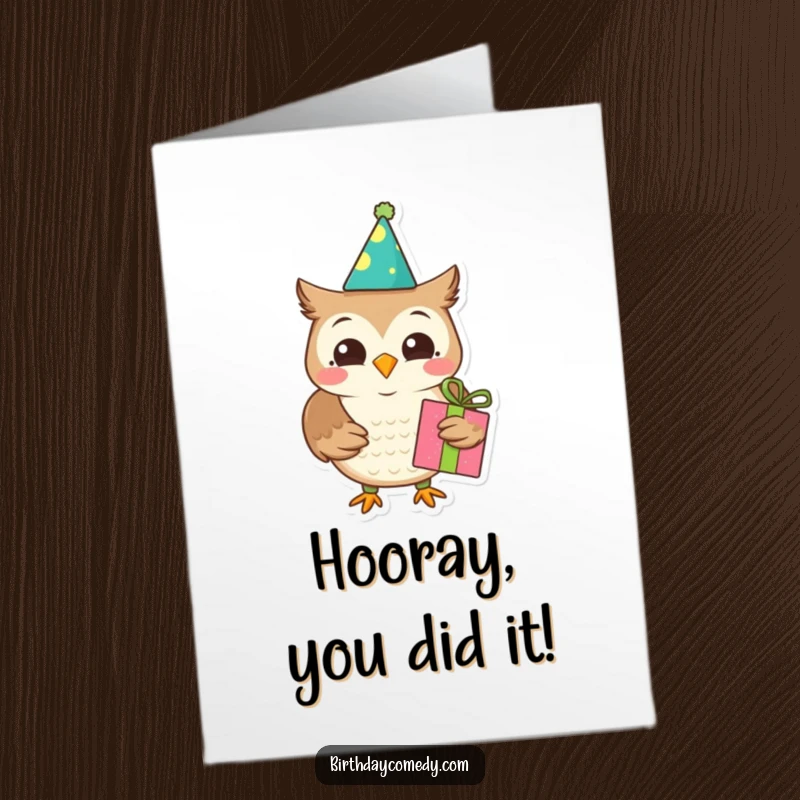Funny Free Printable Congratulations Card: Joyful owl holding present, perfect for celebrating wins with downloadable delight.
