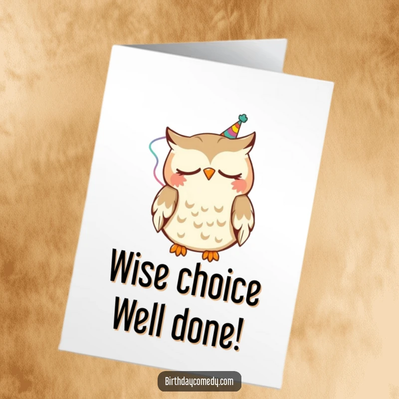Funny free printable congratulations card showing a sleepy owl wearing a party streamer, nodding contentedly to celebrate success.