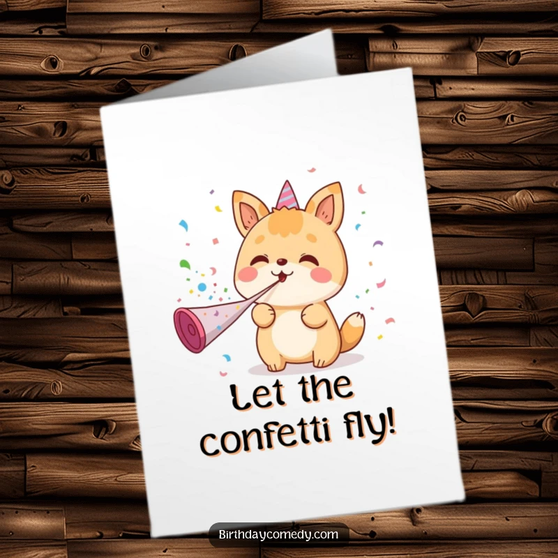 Funny Free Printable Congratulations Card: Kawaii animal blowing confetti, celebrating a big win with joy, a downloadable gift.