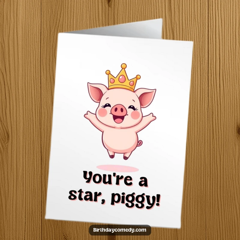 Funny Free Printable Congratulations Card: A happy piglet in a sparkly crown, jumping joyfully mid-air to celebrate your amazing success.