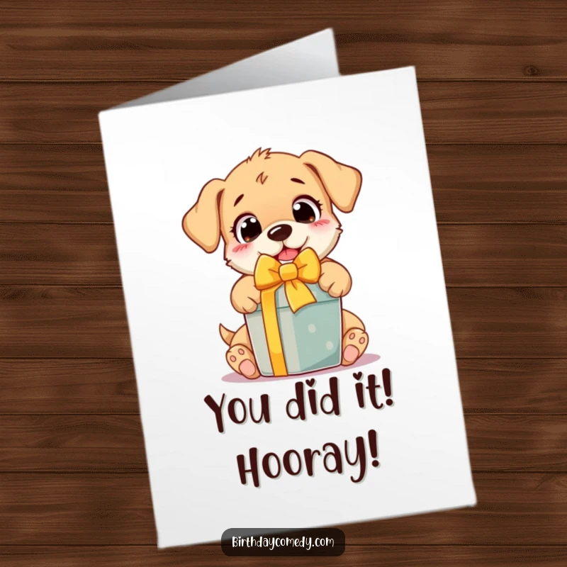 Funny free printable congratulations card showing an excited puppy with big eyes, ripping open a gift, spreading cheer and celebration.