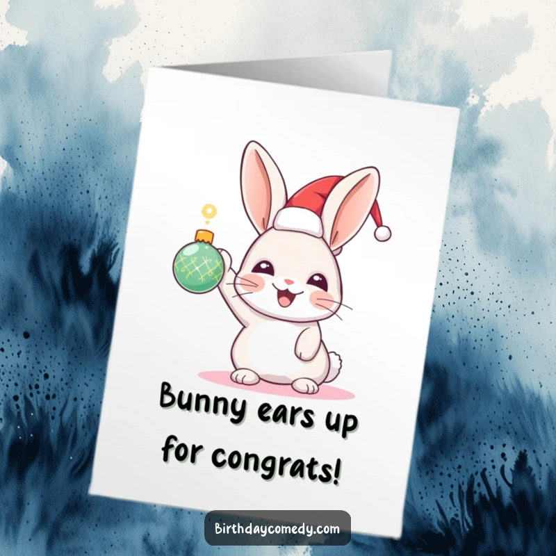 Funny Free Printable Rabbit Congratulations Card: Cheerful rabbit in festive hat proudly holds a sparkling ornament, celebrating a win.