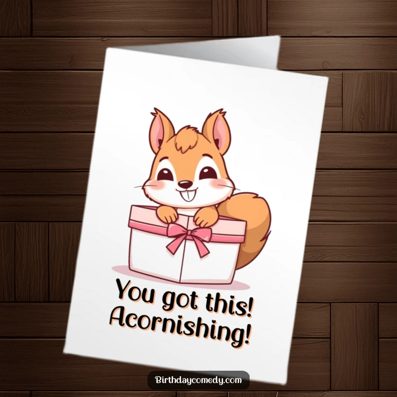 Funny free printable congratulations card featuring a curious squirrel peeking from a gift box, grinning about a successful achievement.
