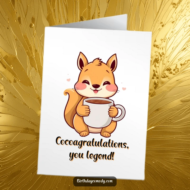 Funny Free Printable Squirrel Congratulations Card: Rosy-cheeked squirrel clutches cocoa, celebrating their wonderful achievement.