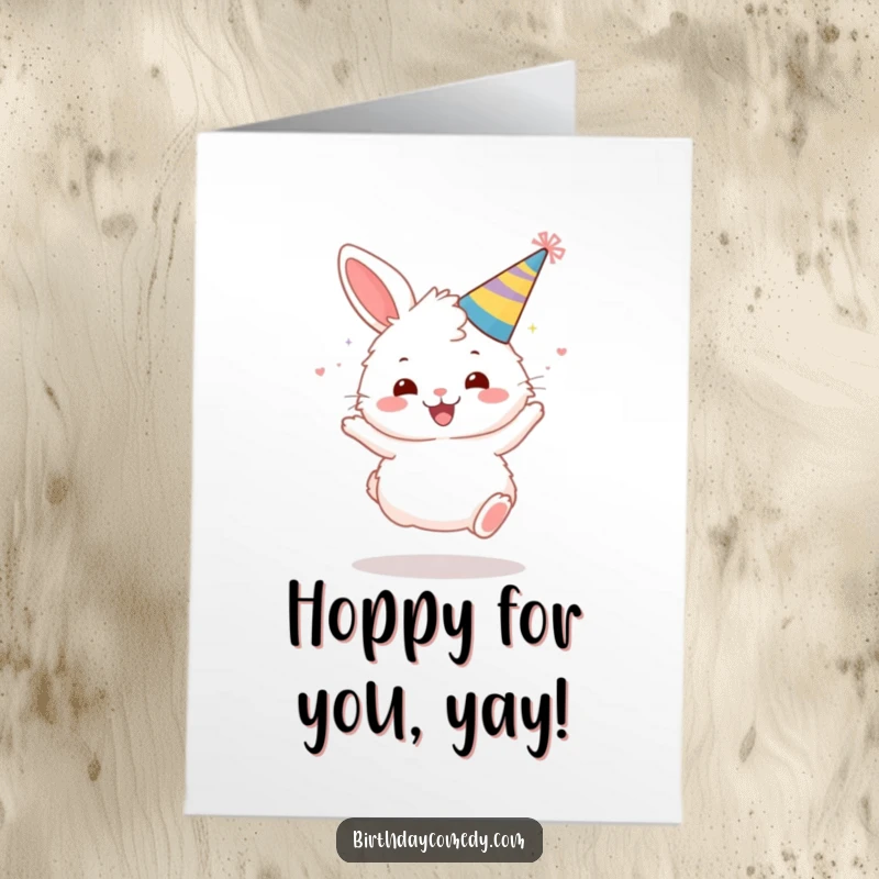 Funny free printable congratulations card showing a fluffy bunny in a party hat bouncing with pure glee. Ecstatic celebration.