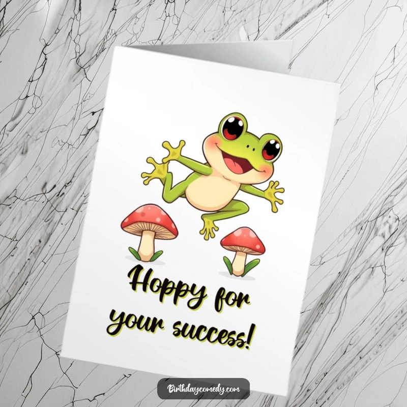 Funny Free Printable Congratulations Card: A joyful frog leaps between mushroom caps with wide, curious eyes.