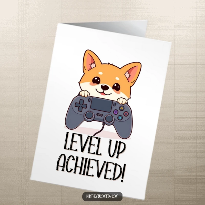 Funny Free Printable Congratulations Card: A Shiba Inu peeking curiously from behind a giant game controller, celebrating a win.