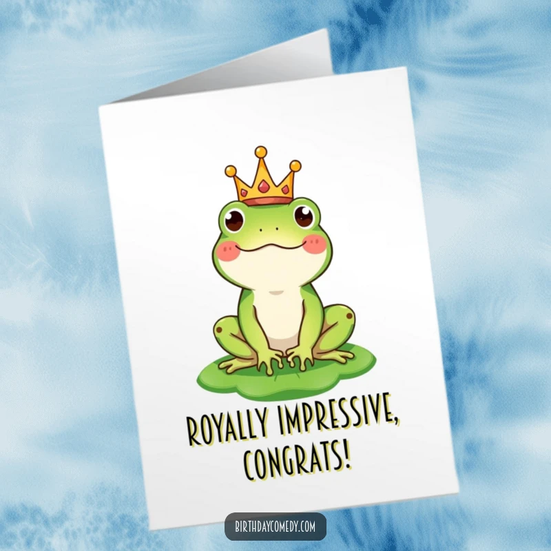 Funny Free Printable Congratulations Card: A happy frog king with a crown balances a lily pad hat.