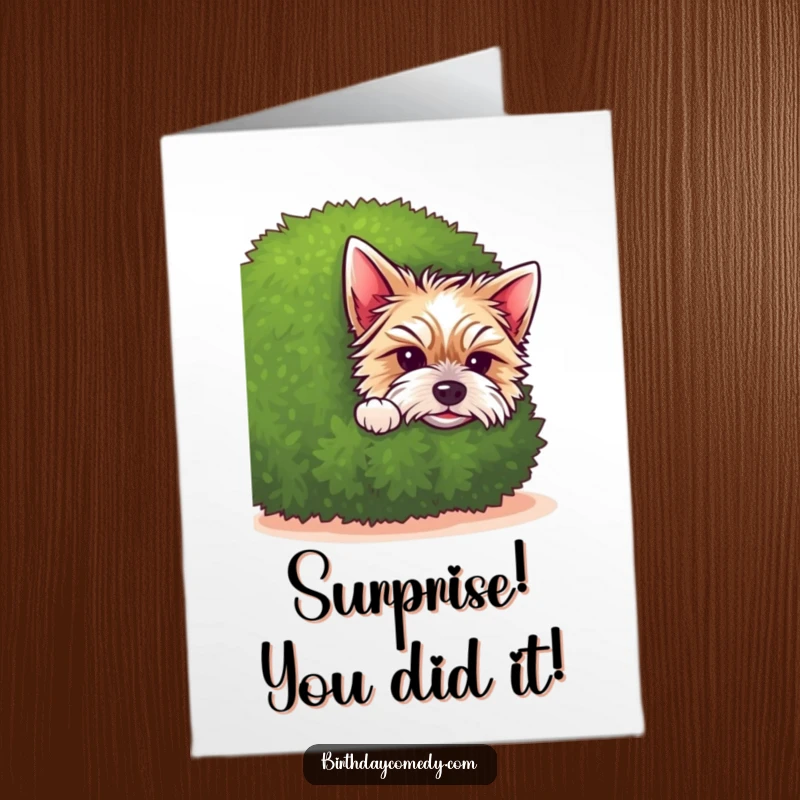 Free Printable Congratulations Card: A small terrier puppy peeking curiously from behind a lush green shrub.
